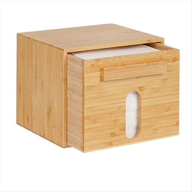 Porta Toallas Faciales Desechables de Bambú, Contenedor con Cajón para Toallas Faciales, Organizador Extragrande para Toallas Limpias.
