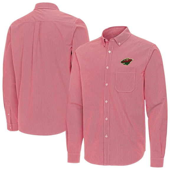 Men's Antigua Red Minnesota Wild Porter Woven Tri-Blend Long Sleeve Button-Down Shirt