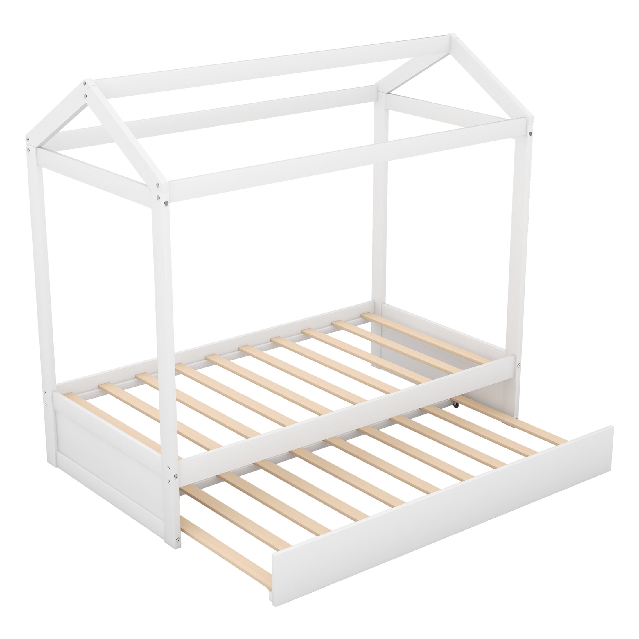 Noble House Lira Twin House Bed with Rolling Trundle, Customizable Pine Wood Frame, Space Saving, White