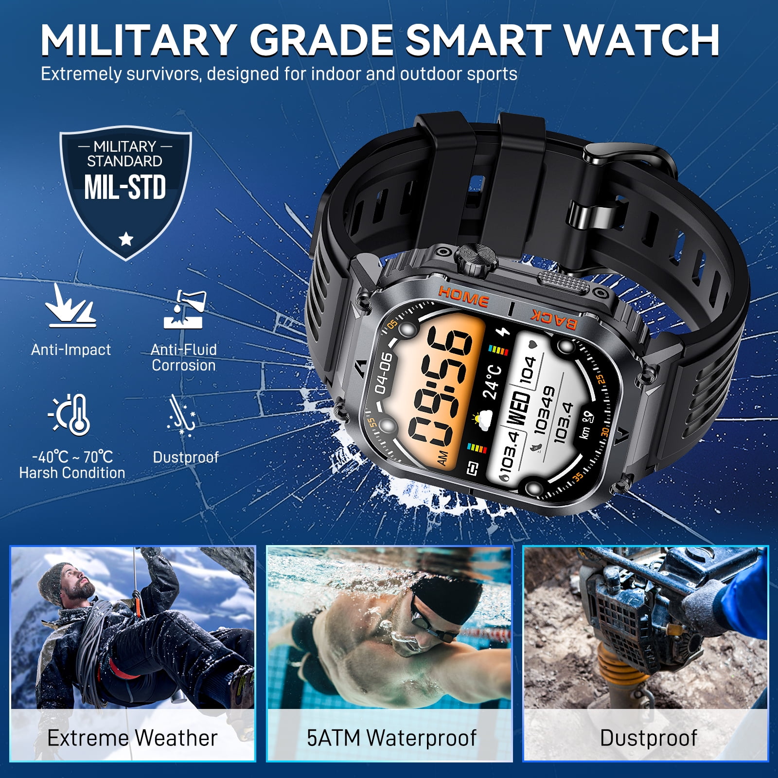 Cyberdyer Military Waterproof, Rugged, Compass Fitness 2.02" Black Case with Black Band Smart Watch