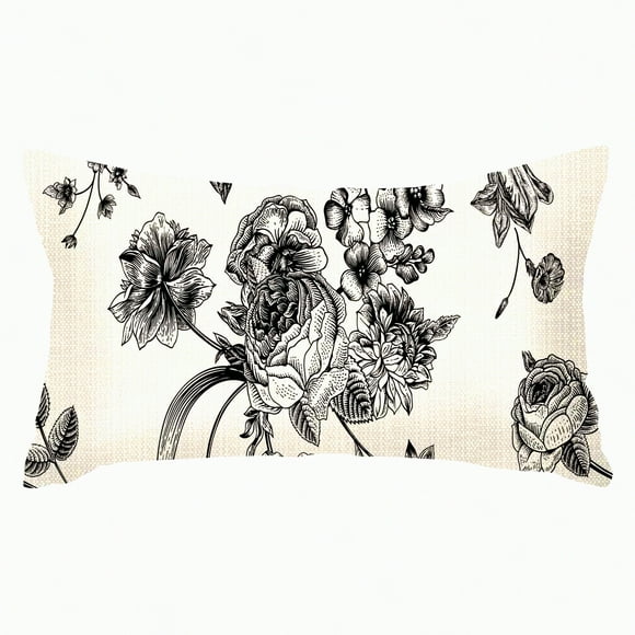 Vintage Floral Garden Bouquet Throw Pillow Cover - Delphinium Petunia Design - 12x20 Inches - Roses Tulips Victorian Style - Decorative Cushion Case