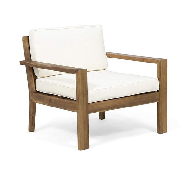 Outdoor Accent Chair- Slat Panel- Wire Brush Acacia Wood- Ivory Fabric