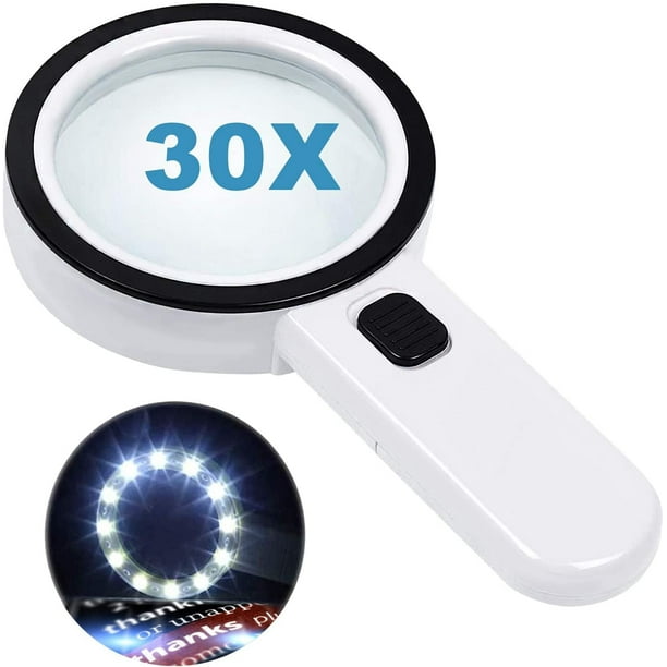 Lupa de lectura con 12 luces LED y lente de doble cristal con aumento de 30x. Para leer fácilmente monedas, sellos y tarjetas. Ideal para personas con degeneración macular.