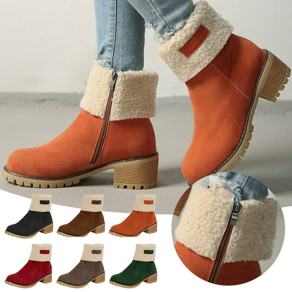 Pandaie Winter Boots for Women Mid Chunky Heel Snow Ankle Booties Comfortable Slip on Suede Warm Outdoor Shoes with Side Zipper Black 6