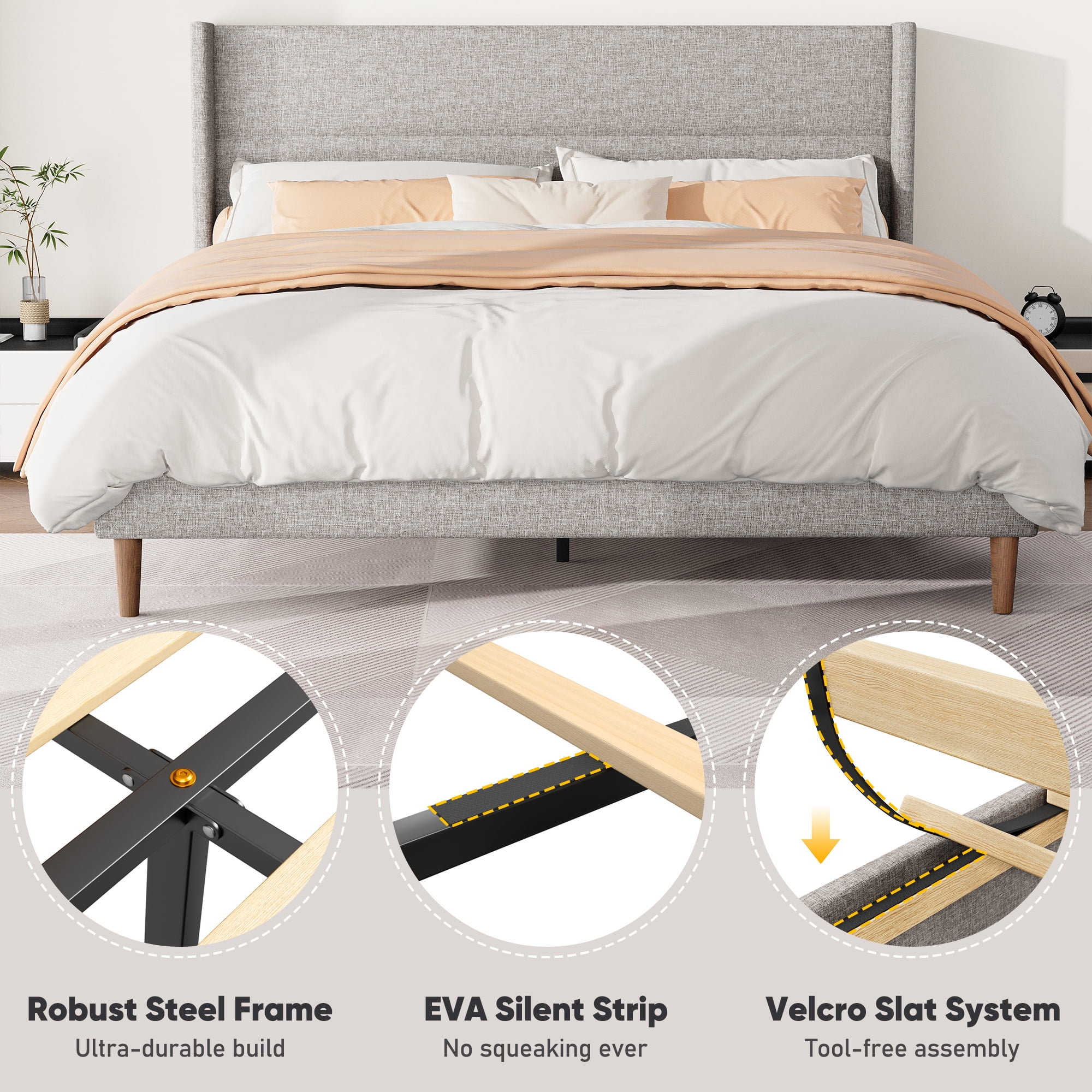 Frostbloom Full Size Platform Bed Frame, Linen Upholstered Wingback Headboard, Beige