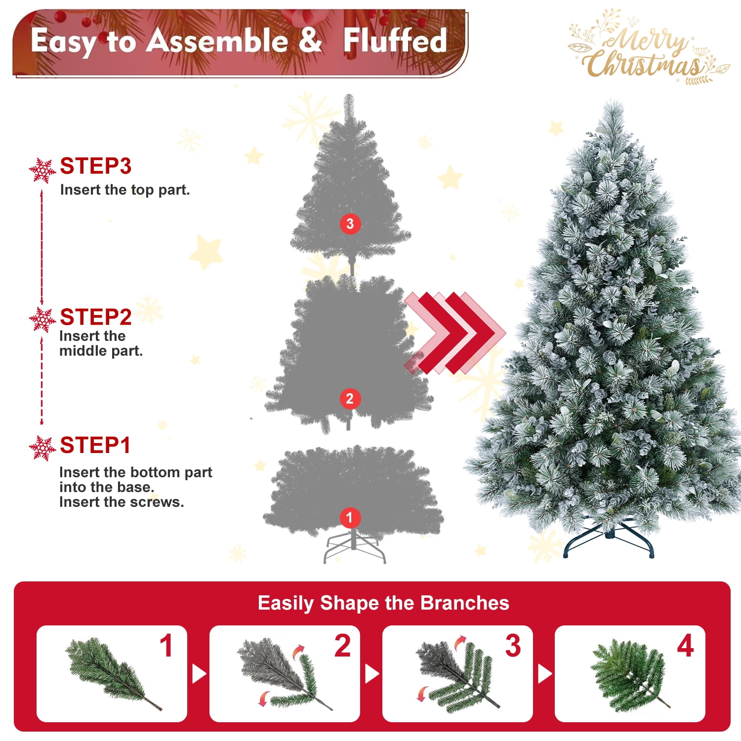 4ft Flocked Christmas Tree with Eucalyptus Leaves 404 Tips Hinged Branches Metal Stand Indoor Decor