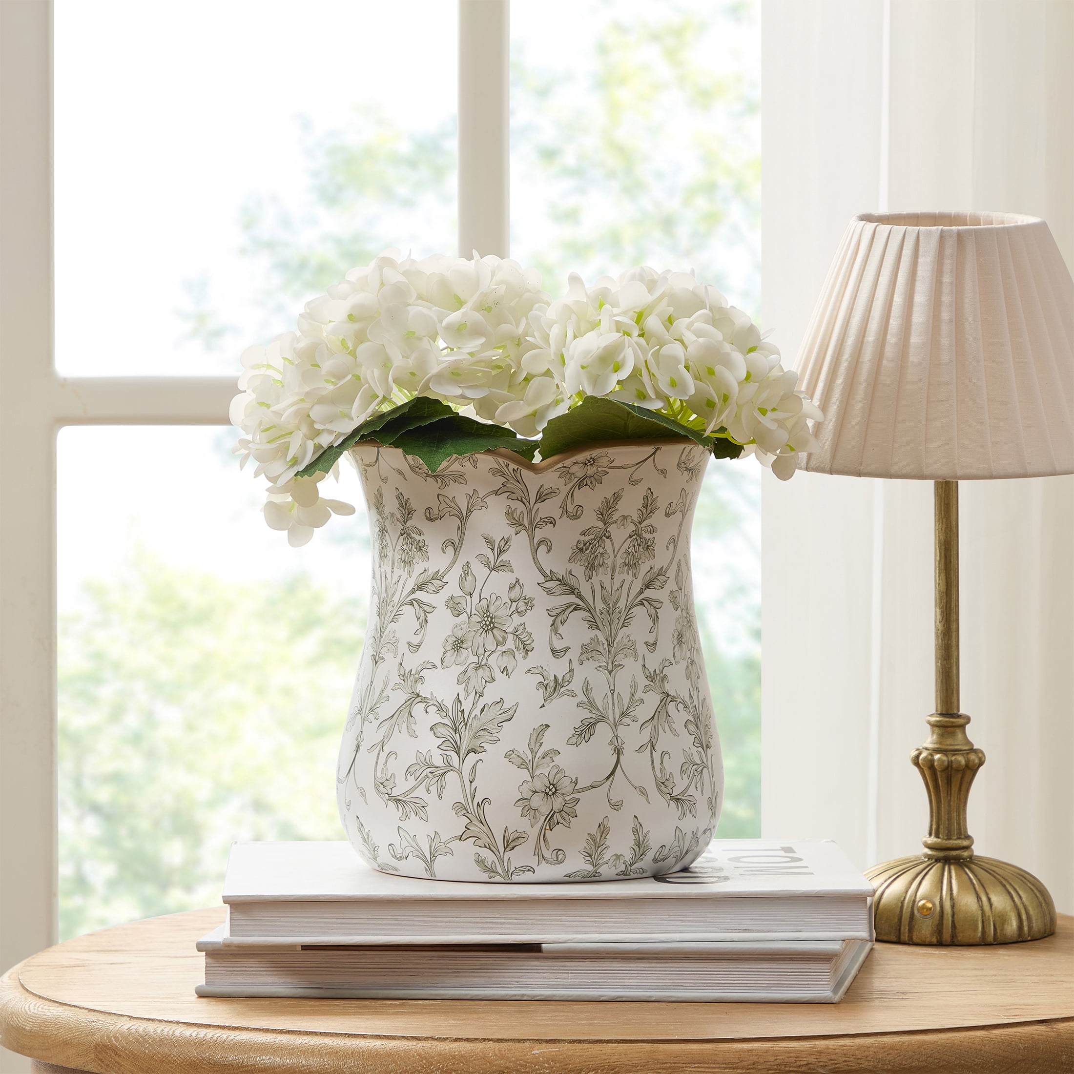 My Texas House 8 in White/Green Floral Scallop Trim Ceramic Vase
