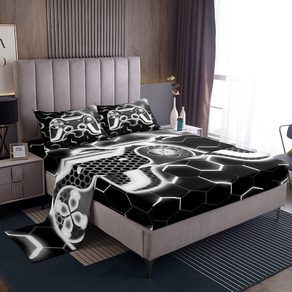 Erosebridal Teens Gamer Sheet Set Twin,Geometric Honeycomb Bedding Sets Twin Size,Hexagon Room Decorative,Breathable,3pcs