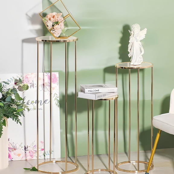 3PCS Gold Metal Cylinder Pedestal Stands for Party, Elegant Round Display Stand Tables Cake Stand for Weddings Birthdays Backdrop Decorations