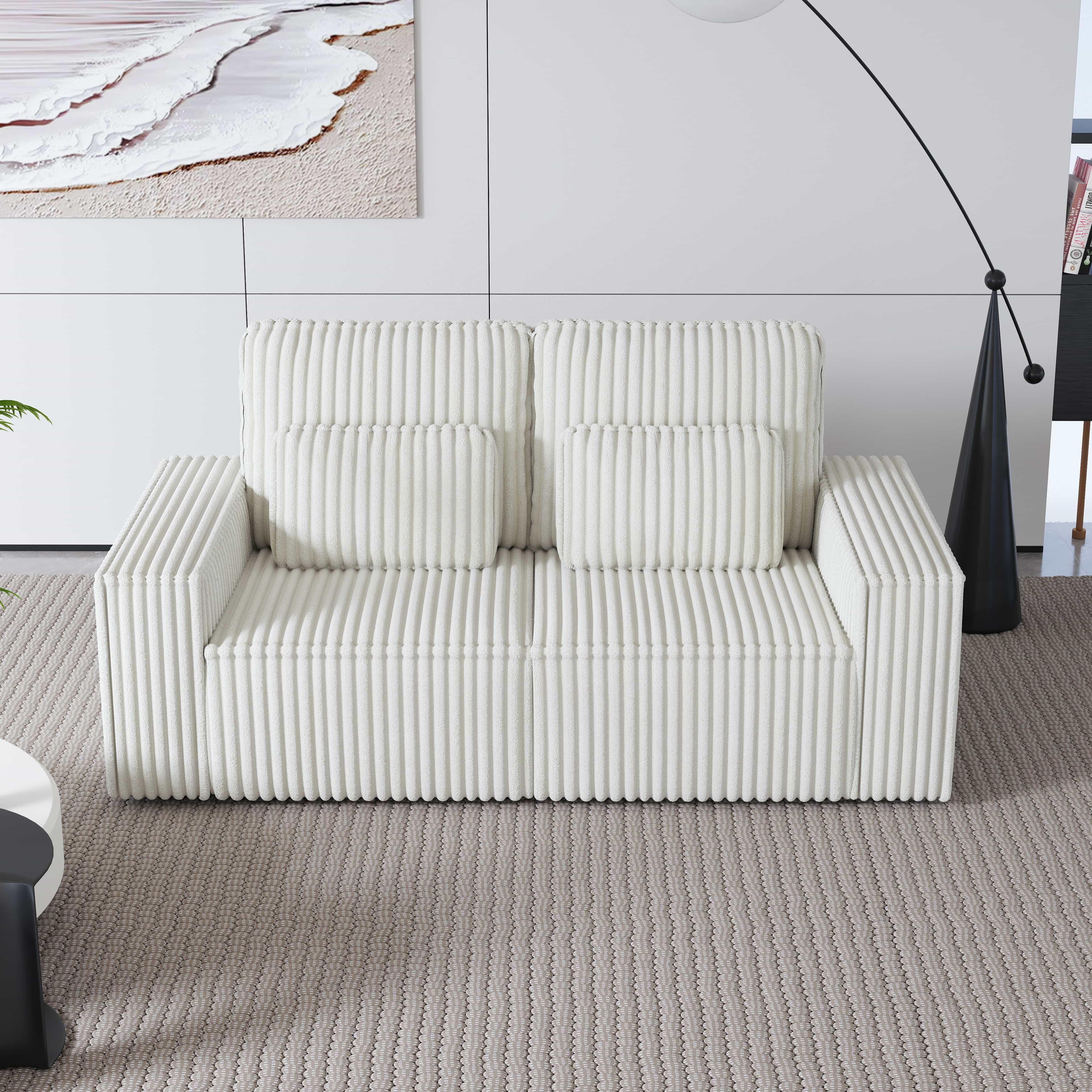 BSHTI Classic Corded Comfort Sofa with Pillows, Double-seater sofa, Corduroy Upholstery, removable back cushions, Easy to assemble, Beige