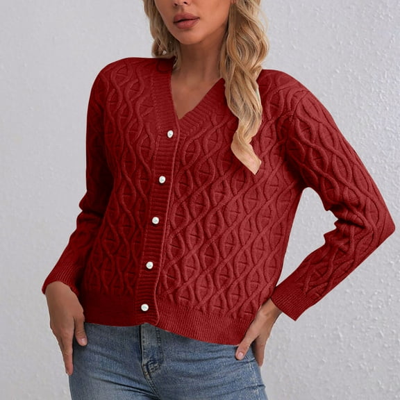 Fznquz V Neck Sweaters for Women 2025 Trendy Button Down Knit Cardigan Sweater Long Sleeve Winter Casual Red Women Blouse