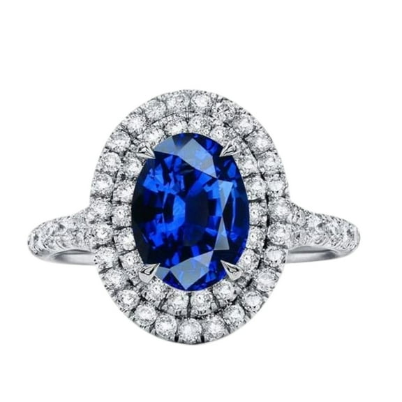 3.85 CT. Double Halo Oval Blue Sapphire Engagement Ring - 18K White Gold Plated
