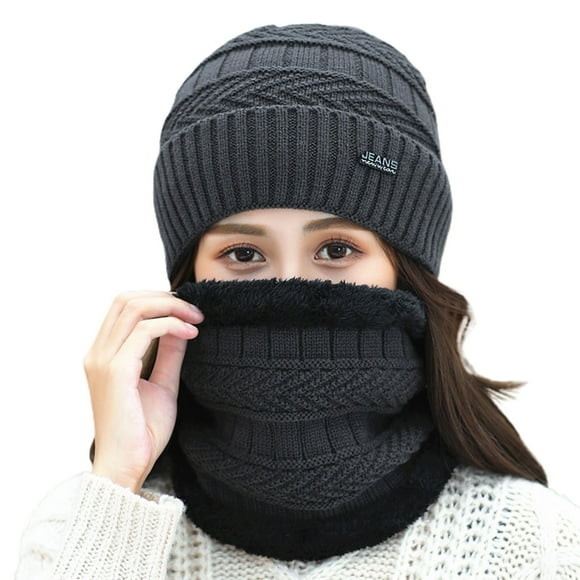 Visland 2Pcs/Set Women Hat Scarf Warm Neck Protection Thicken Knitted Winter Hat Face Cover for Outdoor