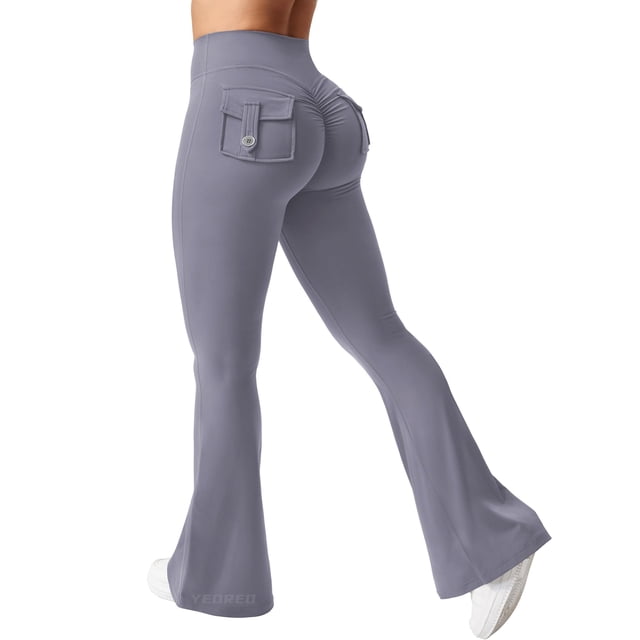 Leggins YEOREO Brittany Flare con bolsillos para mujer, azul y gris, XL
