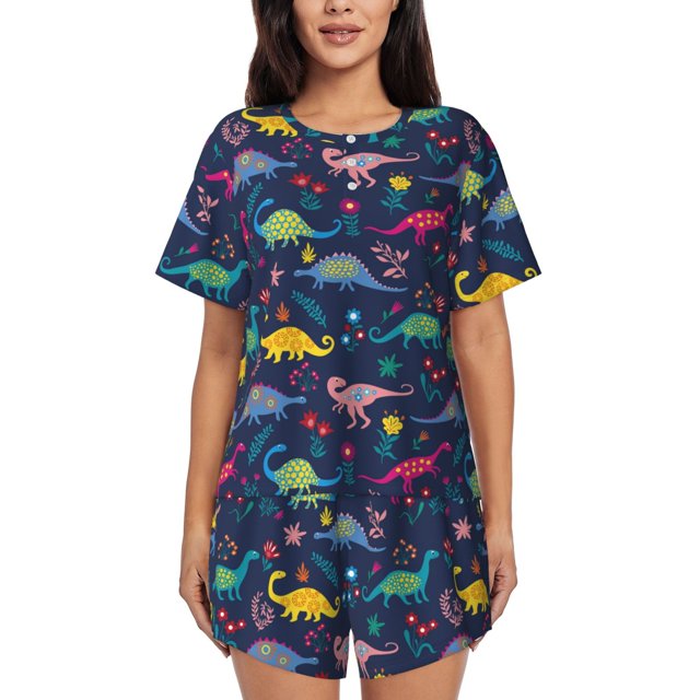 Balery Dinosaur Flowers Conjunto de Pijama para Mujer con Estampado, Dos Piezas de Manga Corta y Shorts, Ropa de Dormir Suave con Cuello Redondo y Bolsillos-XX-Large