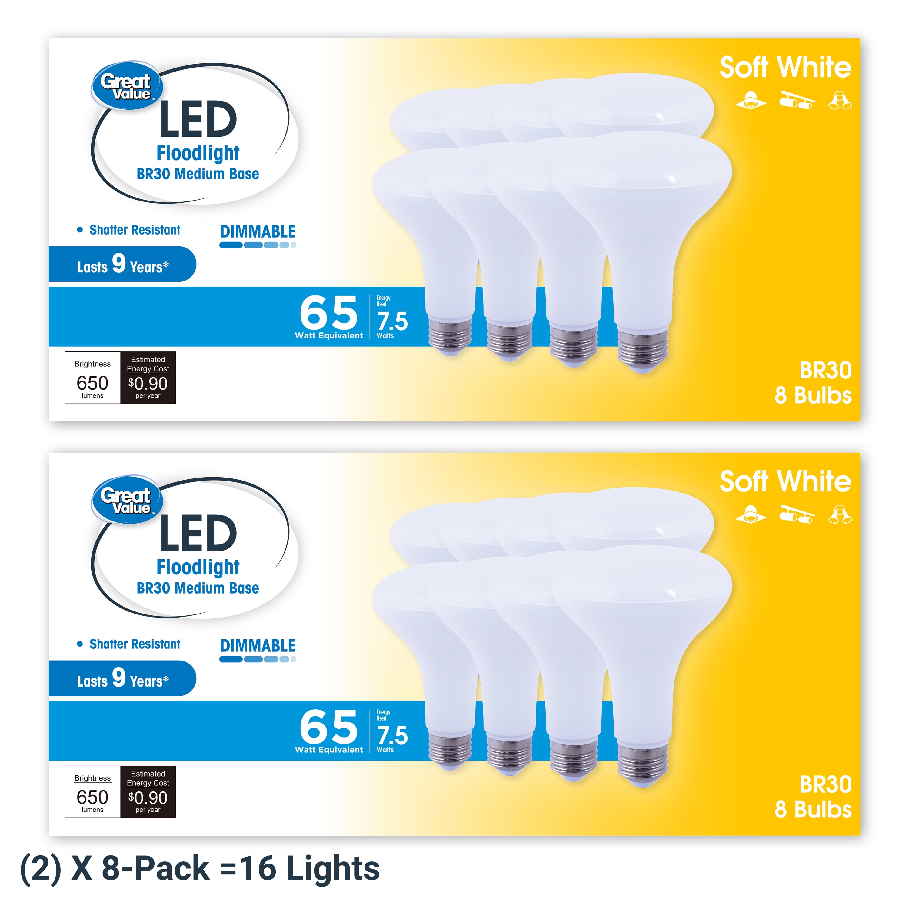 Great Value BR30 LED Floodlight Bulb, 8-Watt (65W Equivalent) Dimmable, Soft White, E26 Base, 16 Pack