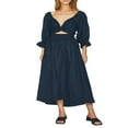 thumbnail image 1 of Femmes Été Midi Robe Couleur Unie Carré Cou Lanterne Manches Taille Haute Casual Robe Plage Vacances Robe, 1 of 6