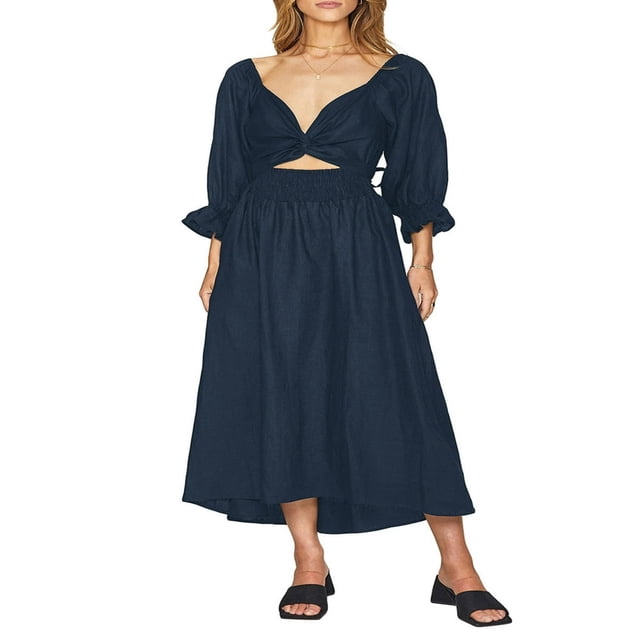 Femmes Été Midi Robe Couleur Unie Carré Cou Lanterne Manches Taille Haute Casual Robe Plage Vacances Robe