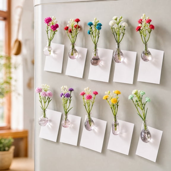 10 Pack Mini Vase Magnets for Fridge, Eco-Friendly Vase Magnets with Artificial Flowers for Refrigerator, Office, Locker Decoration