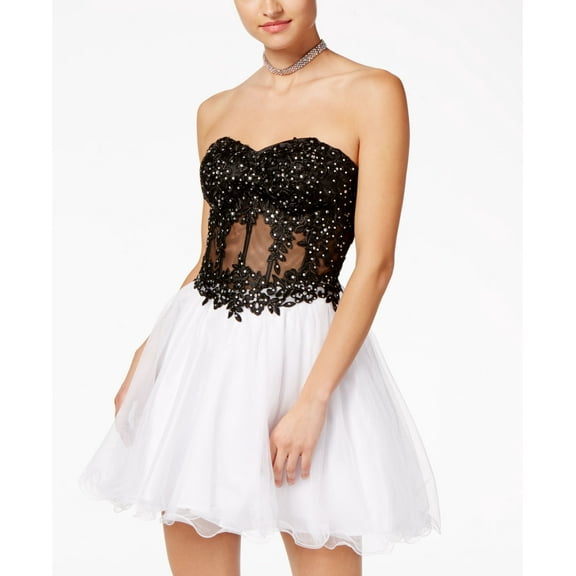 Blondie Nites Juniors Embellished Corset Fit Flare Dress Black White 9