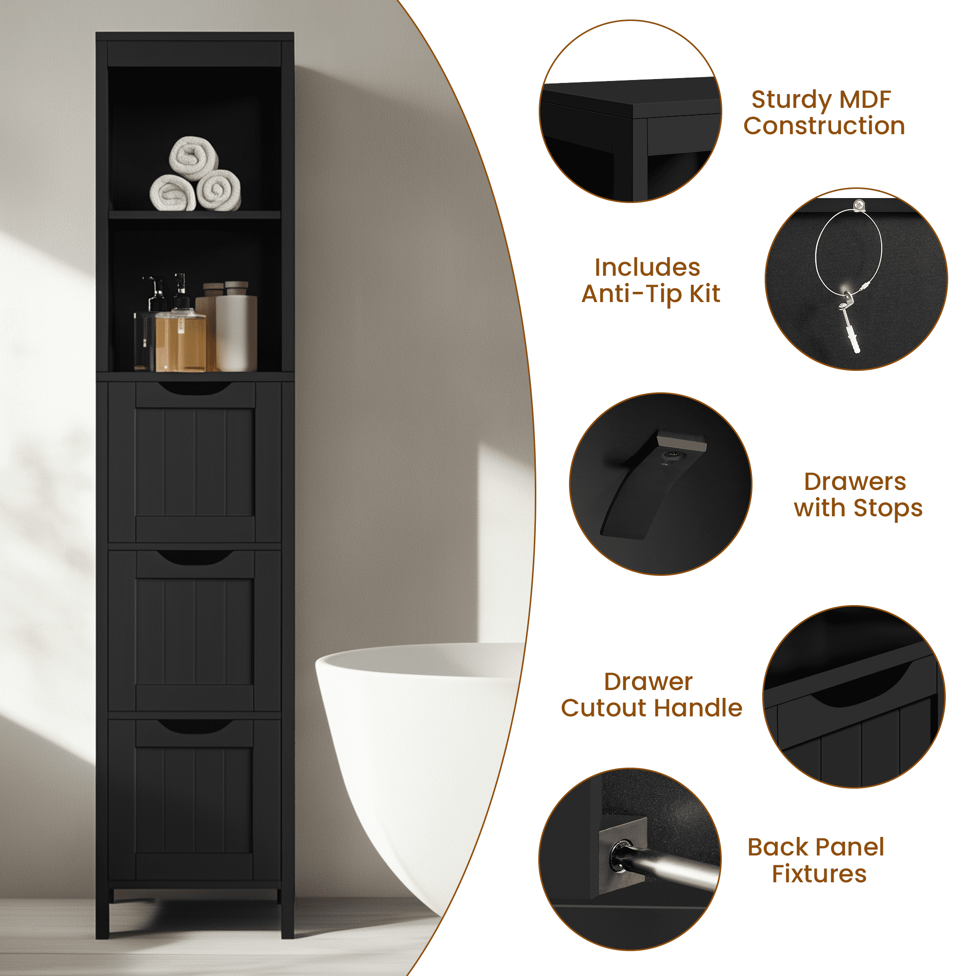 Alden Design 56″ H Bathroom Storage Cabinet with 3 Drawers, Black