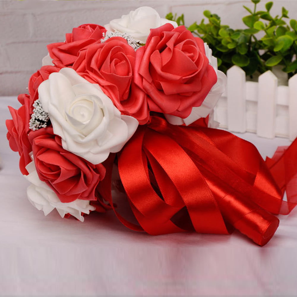 Crystal Artificial Rose Bridesmaid Wedding Bouquet Bridal Art Decor Silk Flowers 