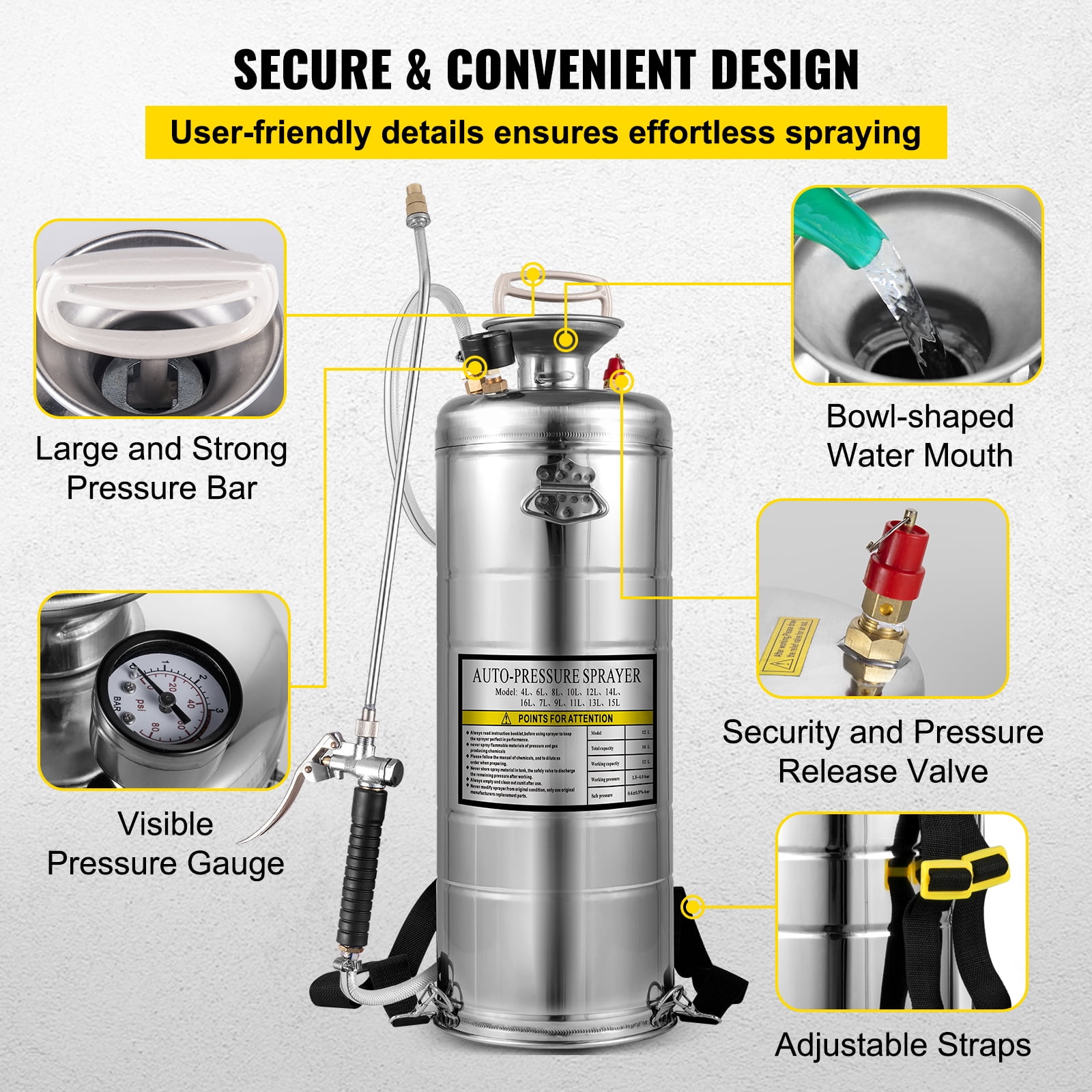 SKYSHALO 3.5Gal Stainless Steel Sprayer Hand Pump, with Pressure Gauge & Safety Valve