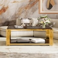 thumbnail image 2 of GZXS 47.5" Black Tempered Glass Coffee Table, 2-Tier Storage Center Table with Asymmetrical Gold Geometric Base and Lower Display Shelf, Modern Artistic Statement Piece for Living Room, 2 of 9