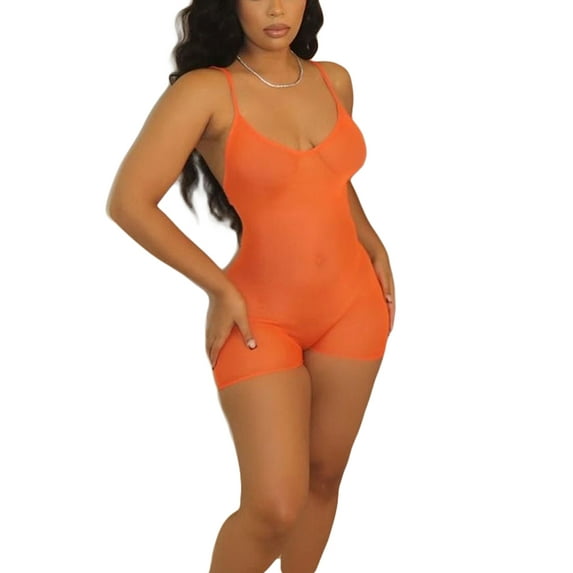 Liacowi Women See Through Bodysuit Playsuit Mesh Spaghetti Strap Low-Cut V Neck Short Jumpsuit Rompers