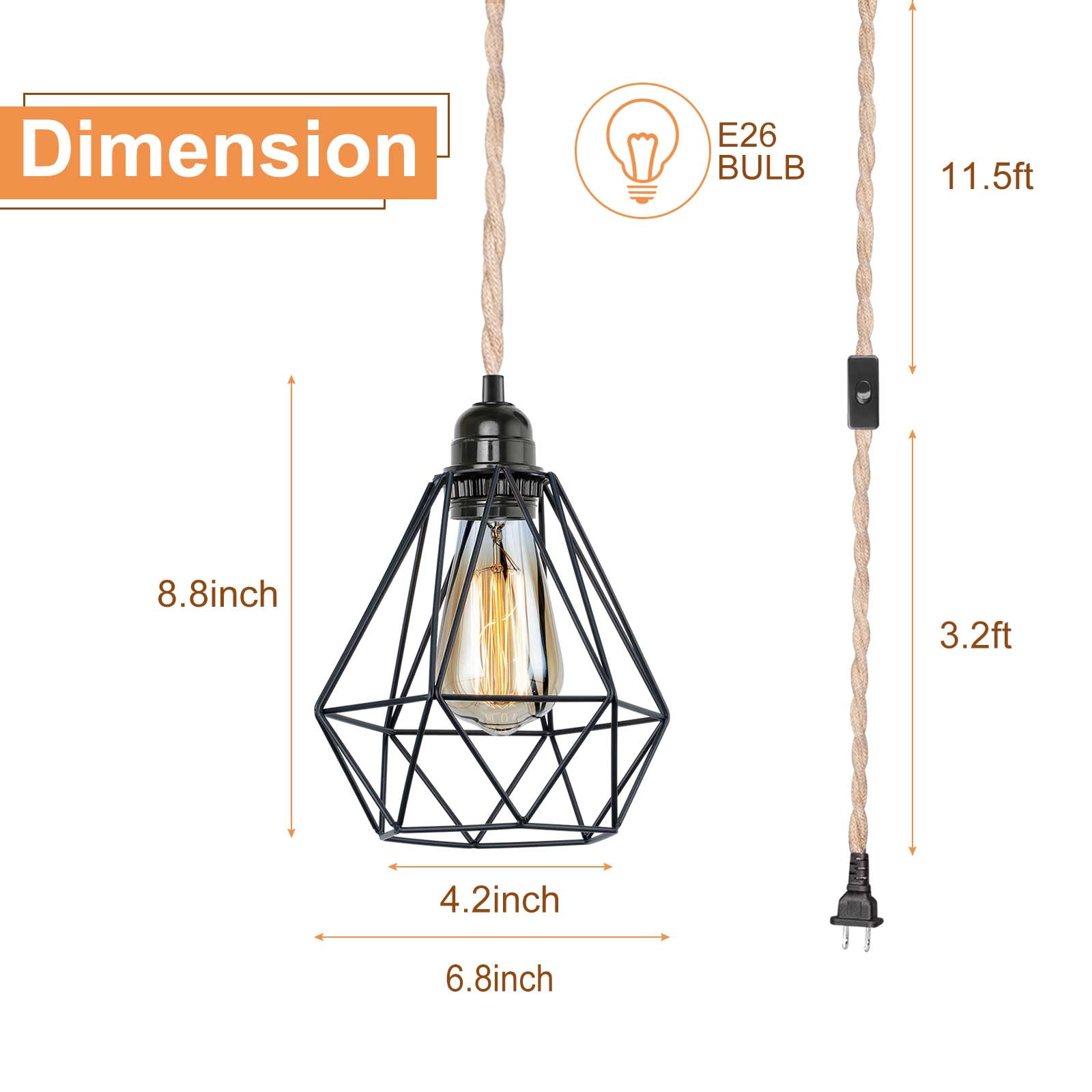 14.9ft Hanging Pendant Light Kit Farmhouse Hemp Rope Light Cord Metal Cage Lampshade Lighting Fixture with Switch Plug in for Bedroom Living Room Kitchen DIY Decor UL Listed E26