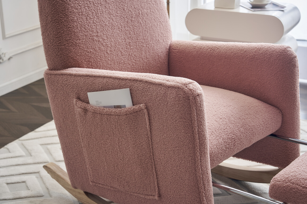 Teddy Fabric Nursery Rocking Chair With Adjustable Footrest, Upholstered Glider Armchair with Safe Solid Wood Base and Side Pocket for Living Room Bedroom (Pink)