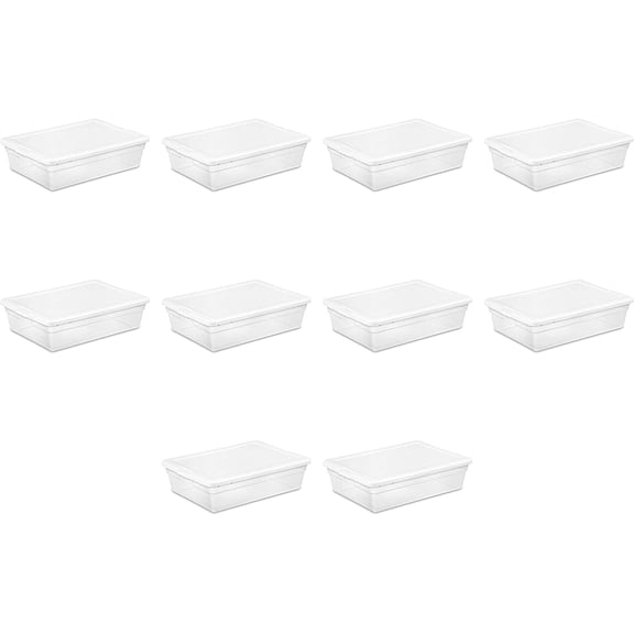 Sterilite 10 Pack Storage Box, 28 Quart Stackable Tote, Clear Plastic Container with Secure Snapping Lids for Home and Office Organization, White