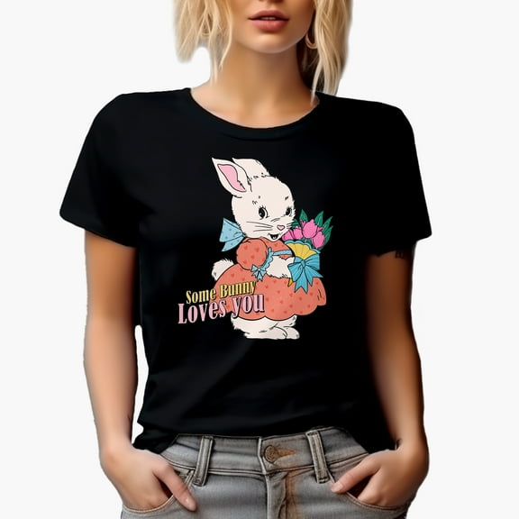 Distressed Some Bunny Loves You, Cute Retro Rabbit Art or Easter Sunday Merch Gift, Black T-Shirt, Small
