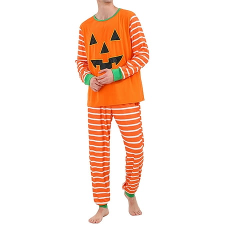 

Genuiskids Halloween Pajamas Family Matching Set Halloween Stripe Pumpkin Print Round Neck Long Sleeve Tops Long Pants for Parents Kids