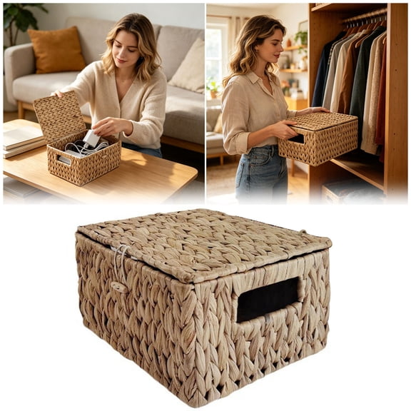 Large Wicker Basket with Lid Rectangular Water Hyacinth Storage Baskets for Organizing, Woven Basket for Storage Decorative Boxes Bins with Lids - Home Organizer Decor for Shelves Closet Use