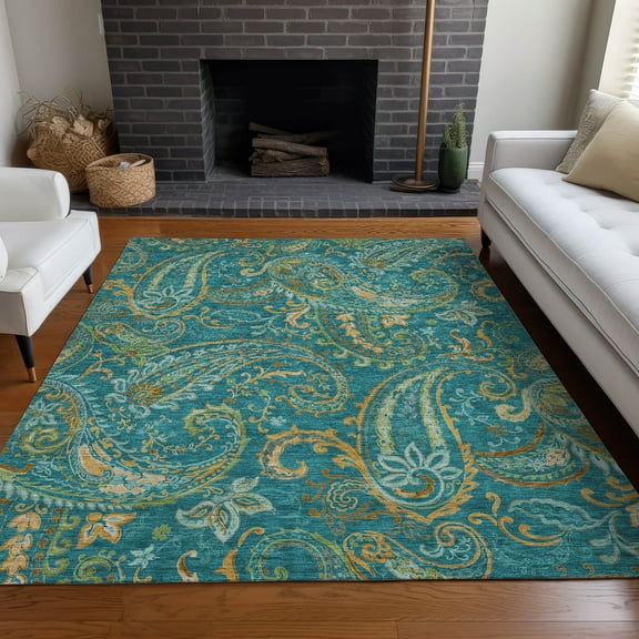 Addison Rugs Chantille Indoor/Outdoor Transitional Paisley Teal Washable Rectangle Rug, 5' x 7'6"
