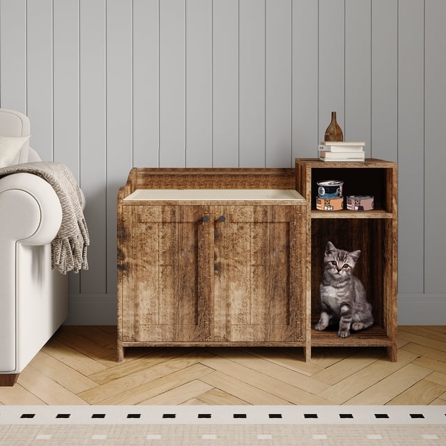 Yiwa Meuble Moderne pour Litière de Chat, Maisonnette Intérieure Cachée pour Chat avec Doubles Portes, Tablette Spacieuse et Table d'Appoint en Bois pour Chambre Ou Salon