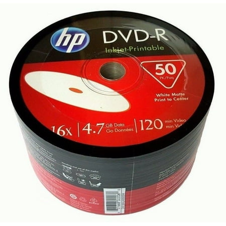 50 Pack HP Blank DVD-R DVDR White Inkjet Hub Printable 16X 4.7GB 120min ...