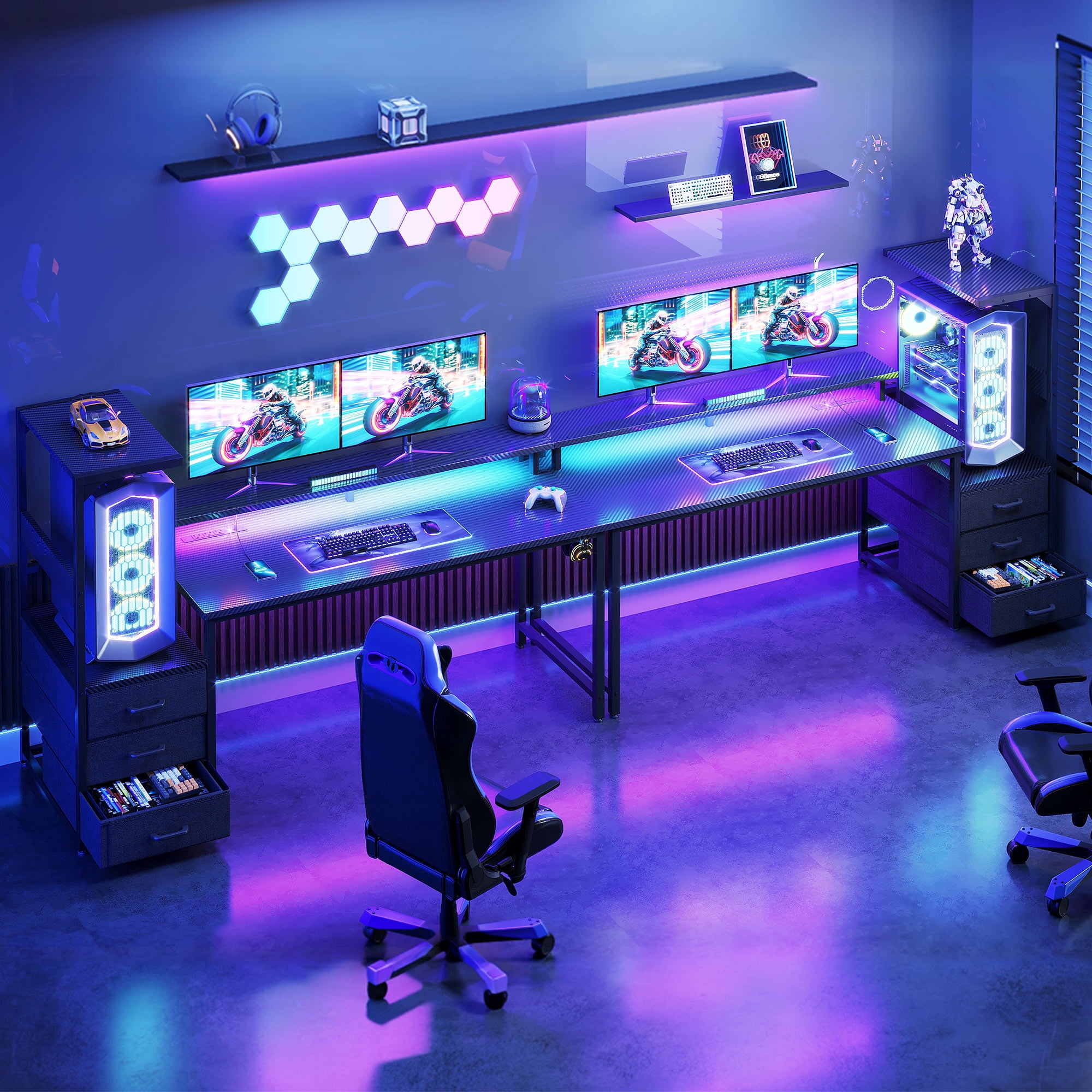 59" Gaming Desk with LED Lights & Reversible Storage Drawer, LED Gamer Desk for Home and Office, Computer Office Desk with with Headphone Hook, Carbon Fiber Black
