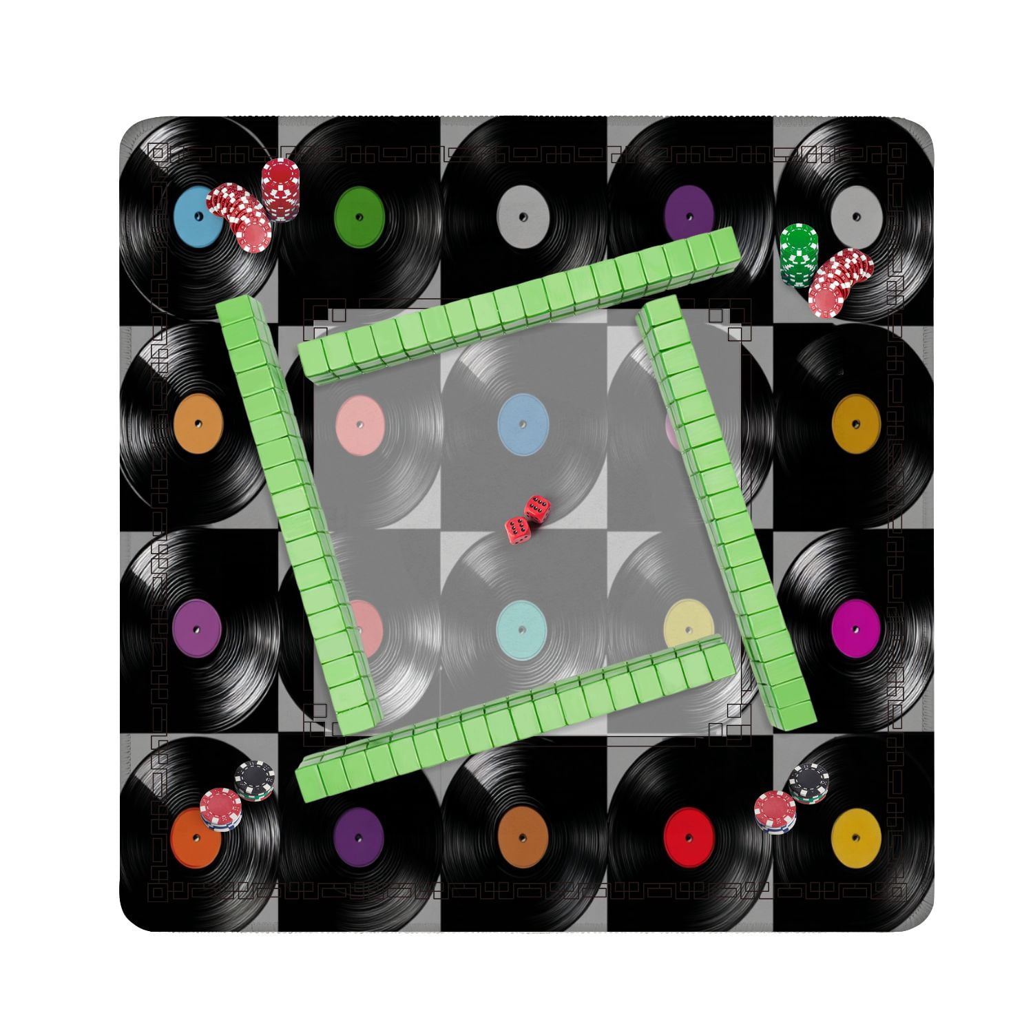 Mahjong Mat 31.5" x 31.5" Simple geometric seamless vinyl records Vintage musical Non-Slip Noise Reduction American Mahjong Tiles Table Cover for Dominoes Poker Card Board Games Gift