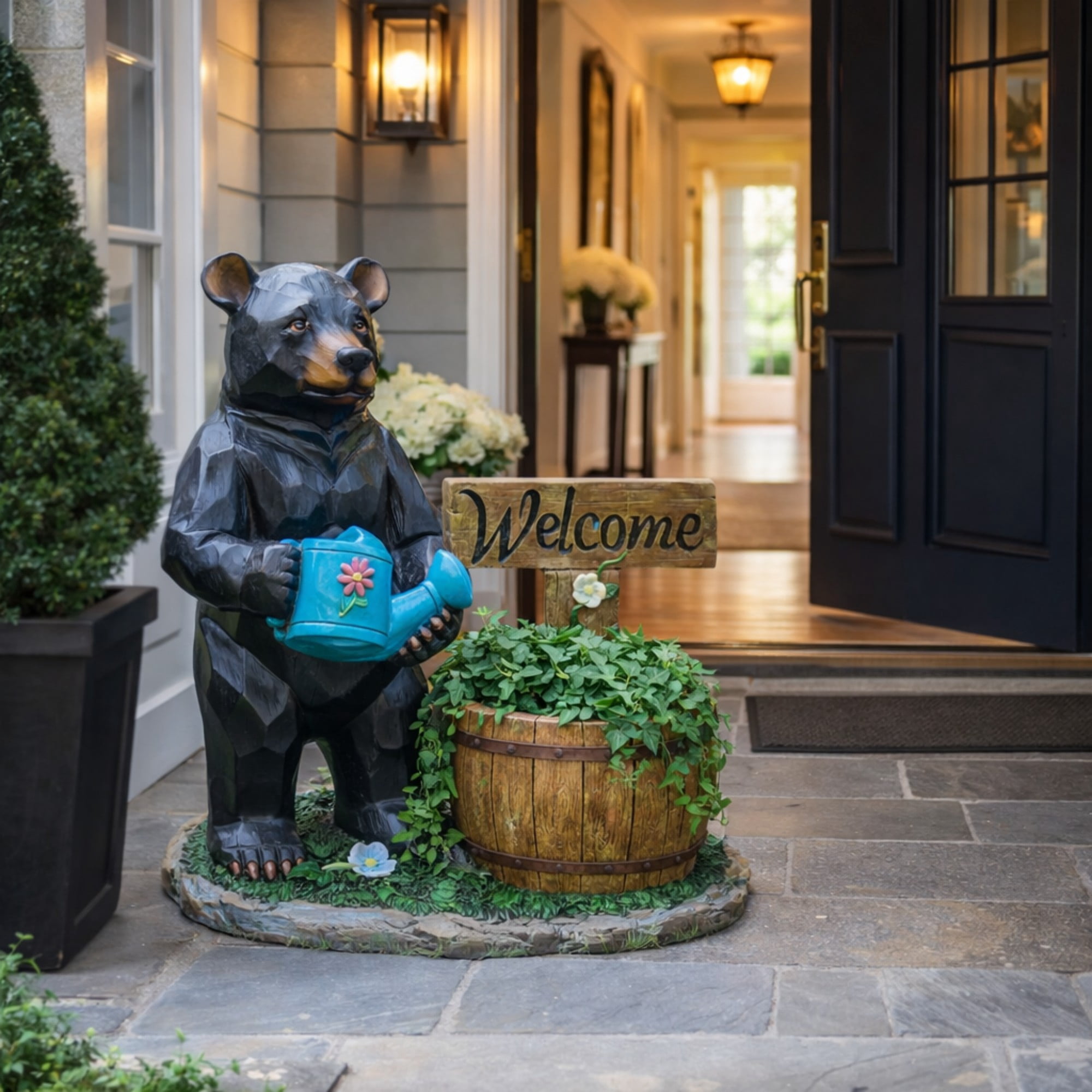 Bear Garden Statue, Black Resin Flower Pot Planter with Welcome Sign for Patio Yard