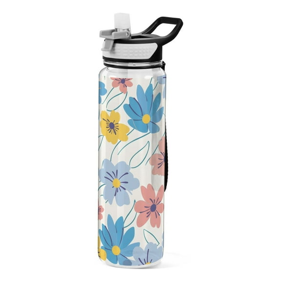 Fresh Colorful Flowers Transparent Sports Water Bottle with Straw BPA Free Tritan 32oz for Gym Camping