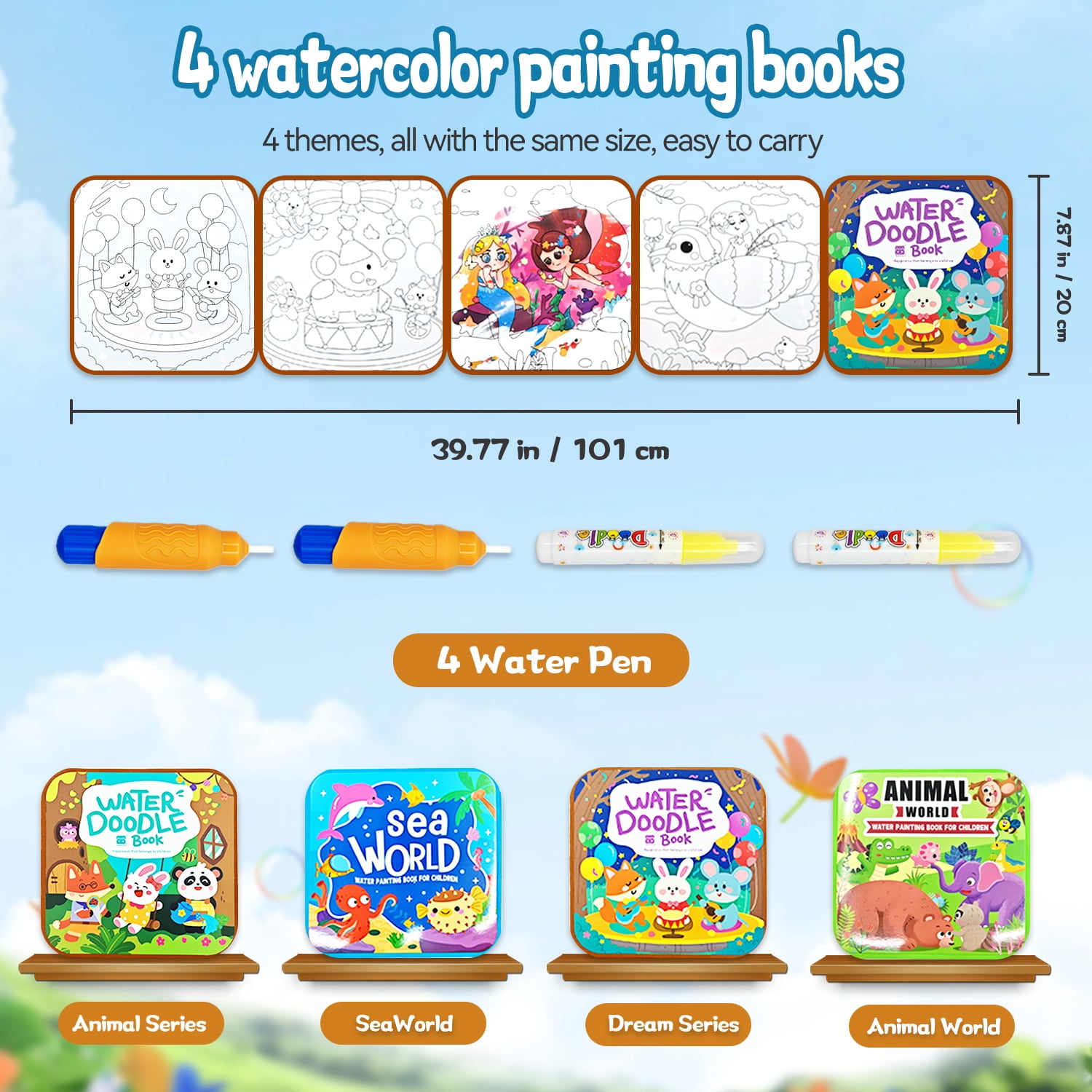 NaTuGi Reusable Water Painting Books for Kids，with 4 Water pens 4 Themes，No Mess Paint Coloring，for Ages 3+，Gift for Boys & Girls，Kids Travel Activity Toys (4 Books)