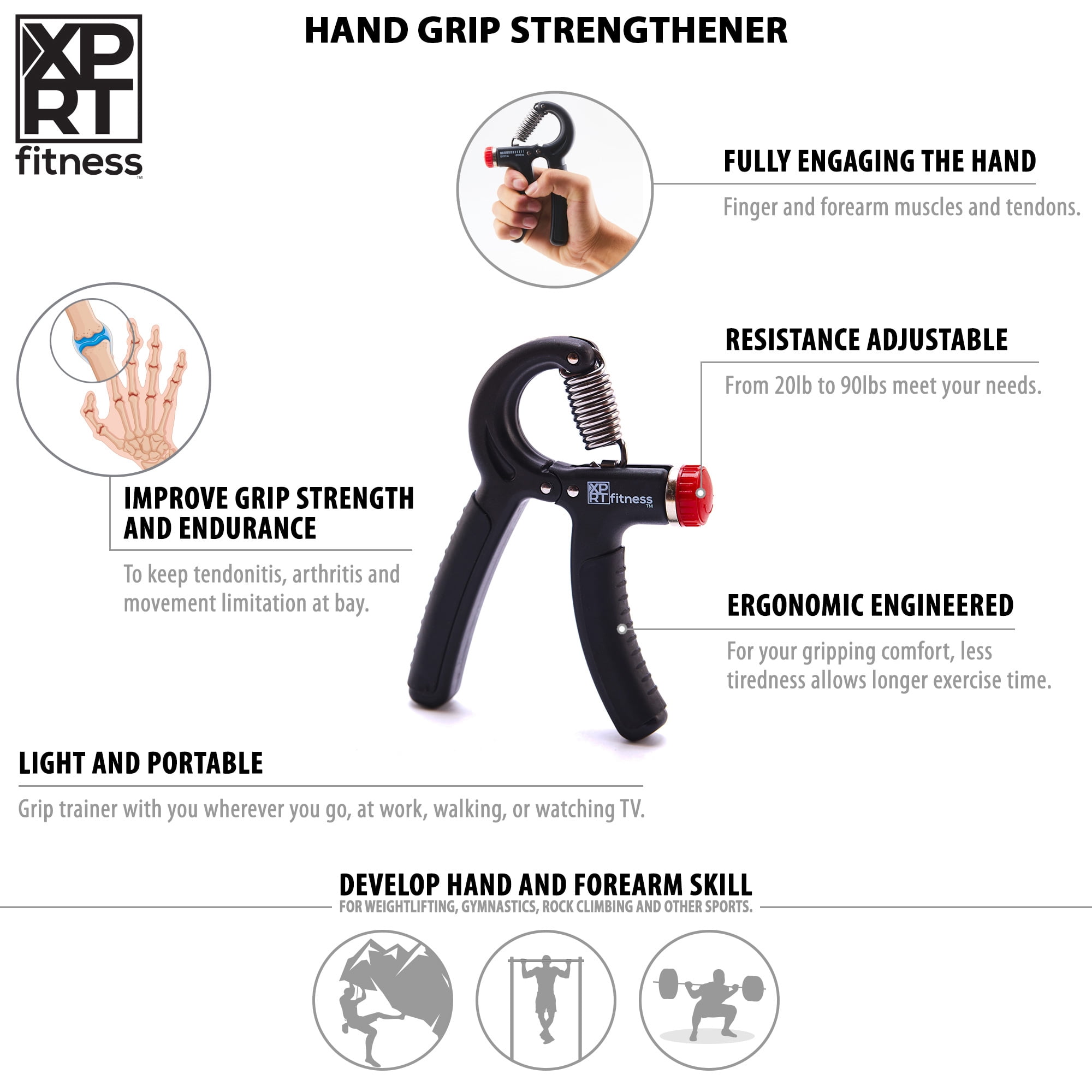 XPRT Fitness Adjustable Hand Grip Strengthener 20-90 Lb. To Develop Strength in Fingers, Hand, Wrist and Forearm, for Gymnastics, Rock Climbing, Martial Arts, Guitar and Piano, Men, Women, Seniors and Kids