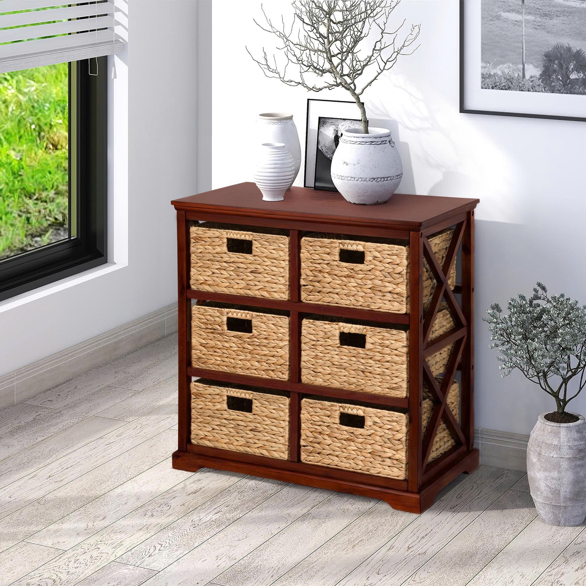 Hampton Meadows 3 Tier X-Side End Storage Cabinet with 6 Wicker Baskets, Cherry