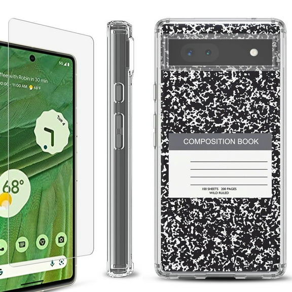 Shockproof Bumper Phone Case for Google Pixel 6a, with Tempered Glass Screen Protector, by OneToughShield ® - Composition Book