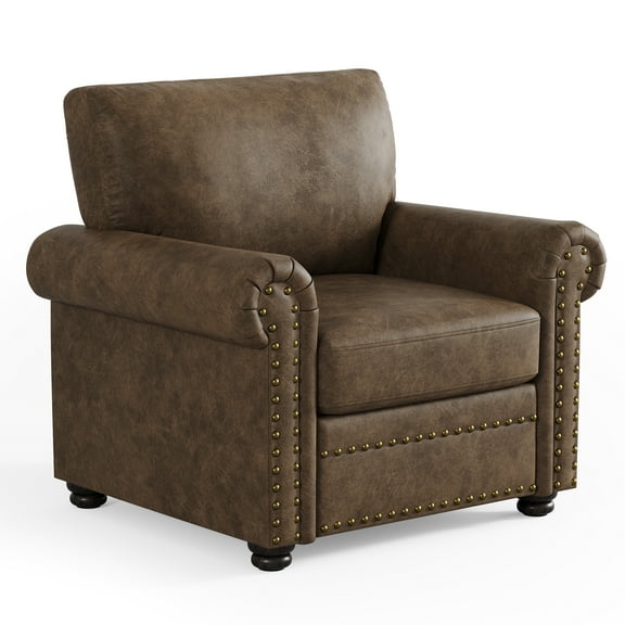 Faux Leather Single Sofa, Nailhead Armchair with Rolled Arms, Brown