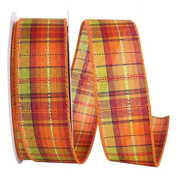 Reliant Ribbon 93156W-258-09F 1.5 in. Field Plaid Stitch Value Wired Edge Ribbon, Orange & Green - 10 Yards
