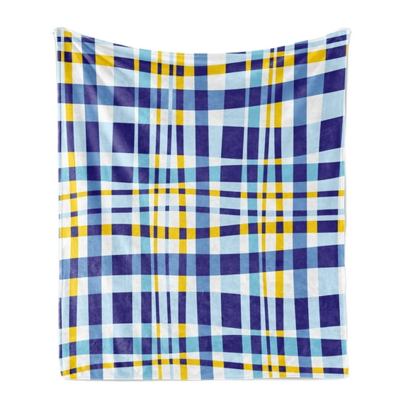 Yellow and Blue Soft Flannel Fleece Throw Blanket, Retro Scottish Checkered Tartan with Color Stripes Lines Pattern, Cozy Plush for Indoor and Outdoor Use, 70" x 90", Pale Violet Blue, by Ambesonne