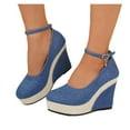 thumbnail image 4 of Blue Women High Heel Wedge Sandals Denim Waterproof Platform Thick Bottom Roman Style, 4 of 9